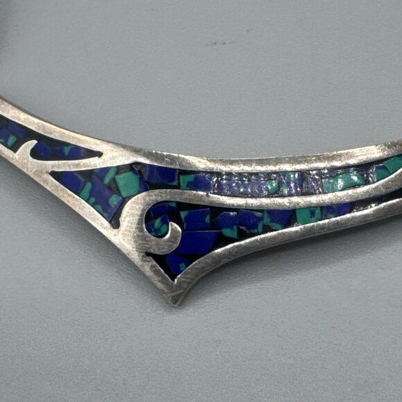 925 Vintage Sterling Silver Turquoise Collar Choker TA-217 Mexico Necklace 16" - Picture 6 of 7